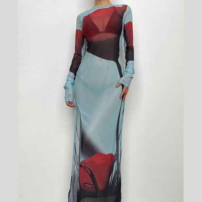 Sheer mesh see through abstract contrast long sleeve slit maxi dress