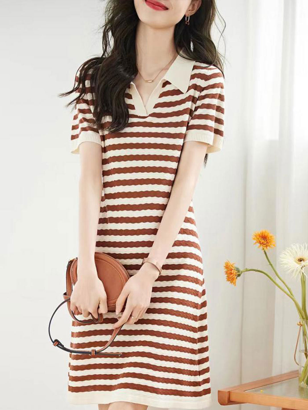Alyssa Casual Striped Lapel Knitted Dress