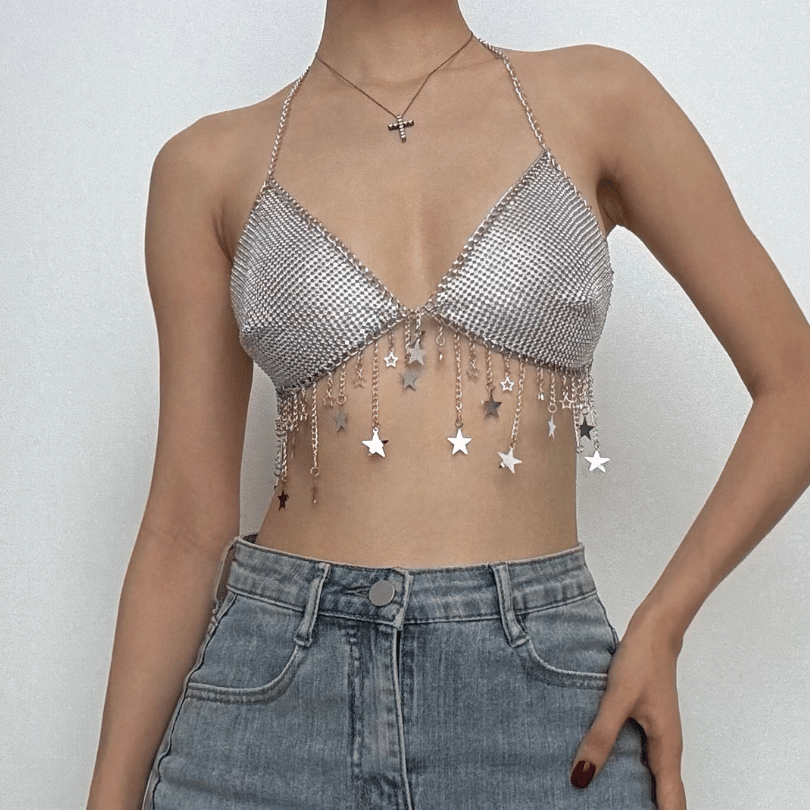 Metal chain star decor halter backless bralette top