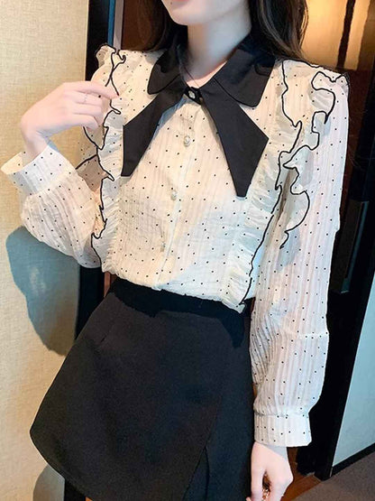 Ava Elegant Bow Lantern Sleeve Polka Dot Chiffon Shirt