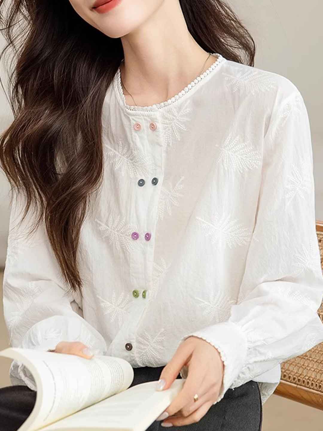 Aubrey Classic Crew Neck Embroidered Hollowed Shirt