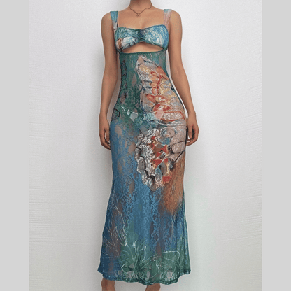 Hollow out butterfly pattern lace tie dye cut out maxi dress