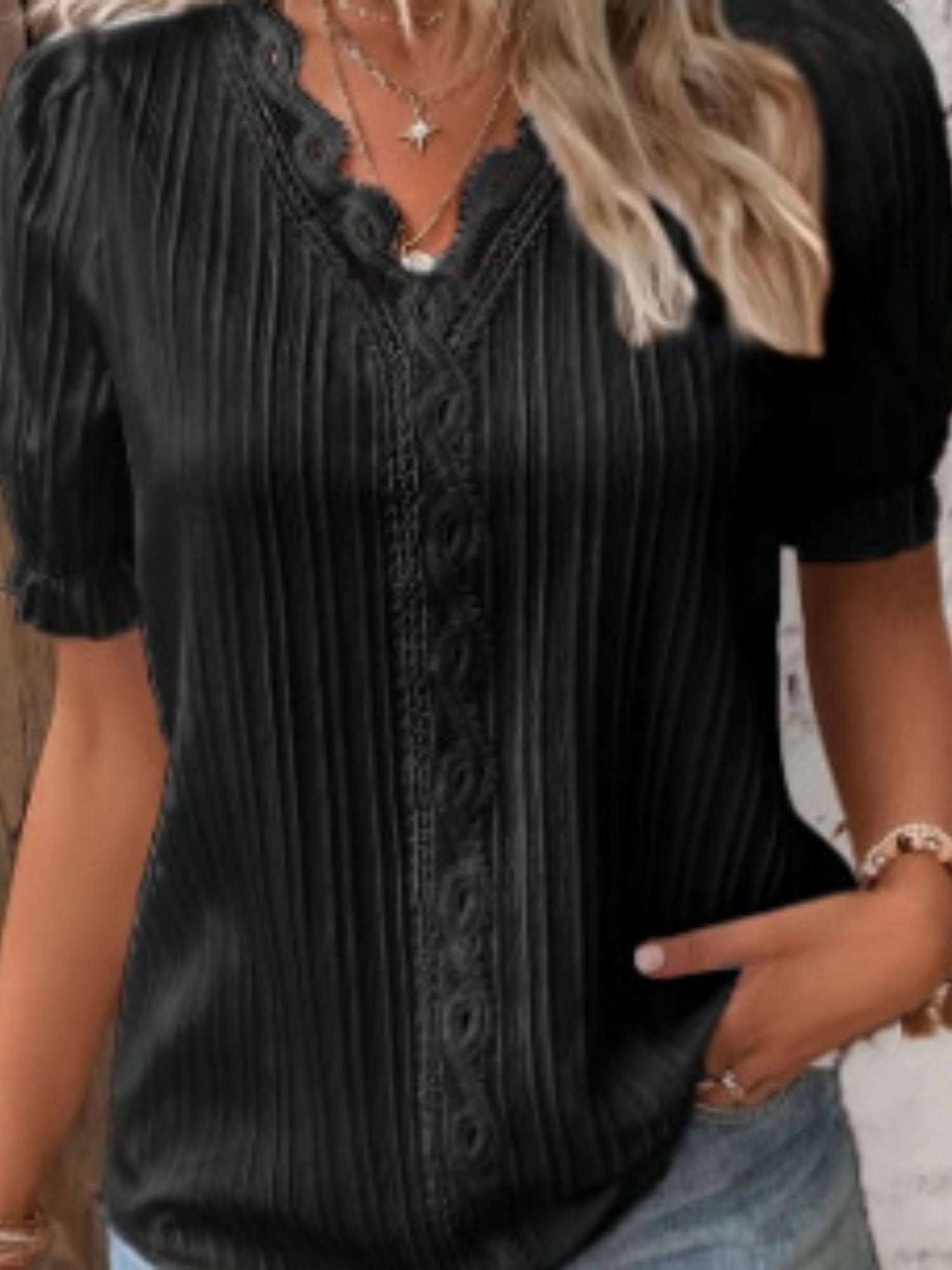 Openwork Lace Puff Sleeve V-neck Vertical Stripes T-shirts