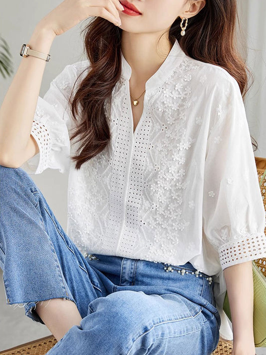 Brooke Classic V-Neck Puff Sleeve Hollowed Top