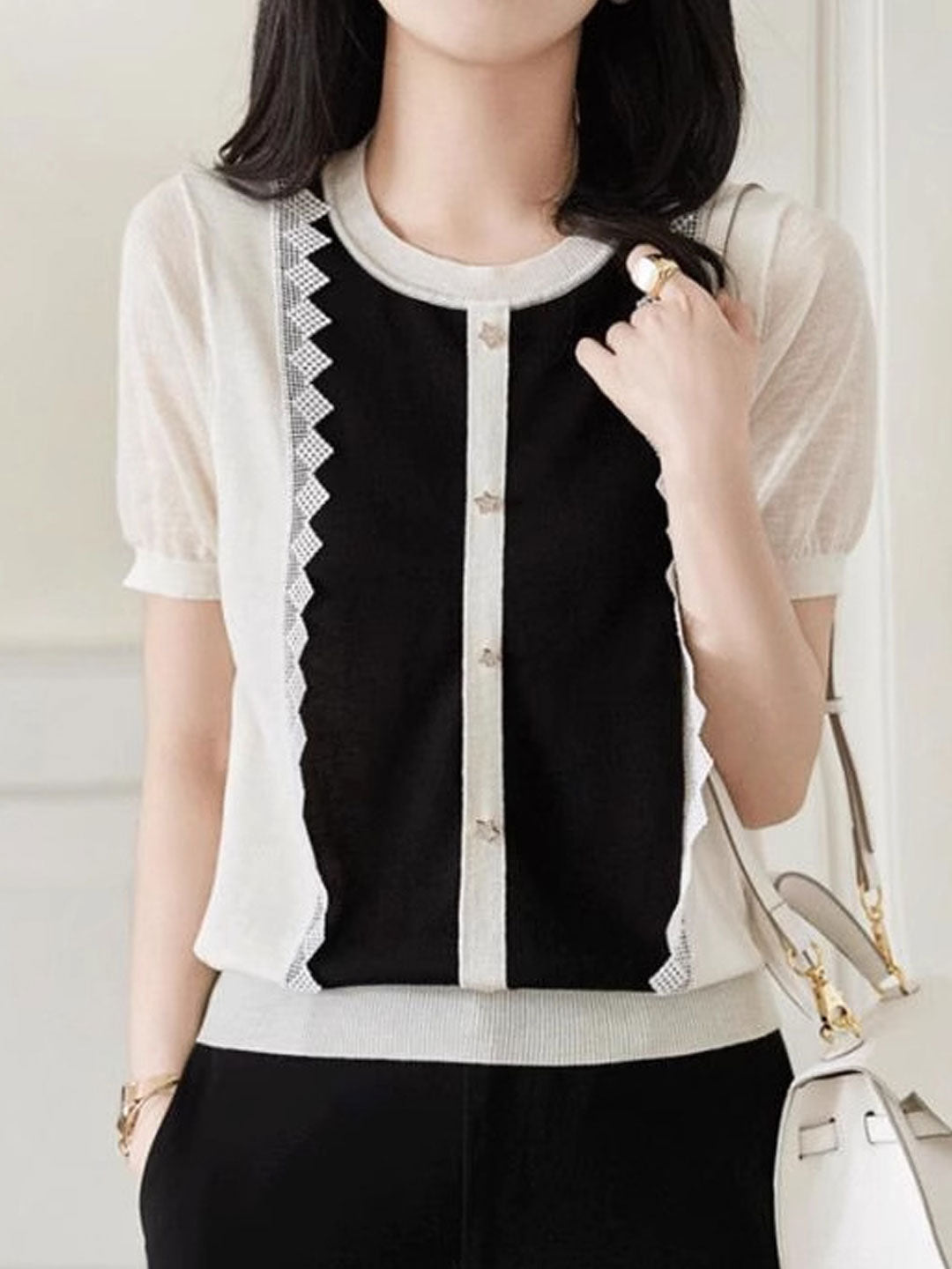 Alexis Classic Crew Neck Lace Panelled Knitted Top