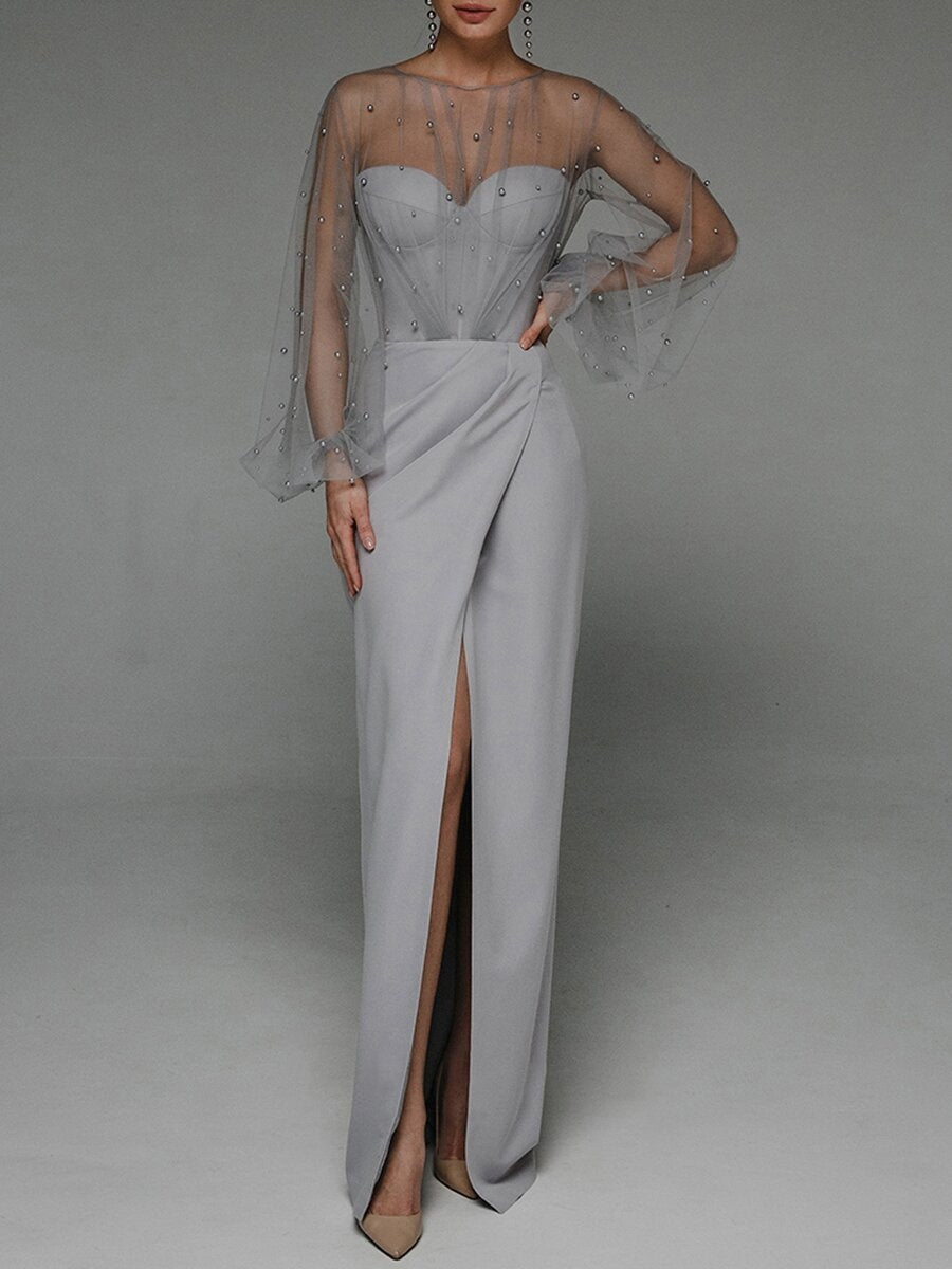 Pearl Mesh-paneled Sleeves Tube Top Maxi Dresses