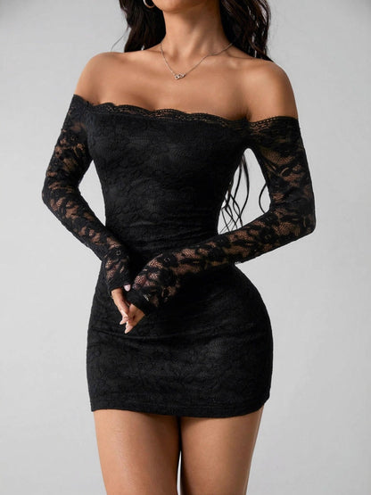 Bodycon Lace Off-shoulder Top Long Sleeve Slim Fit Sexy Short Dress For Cocktail Party