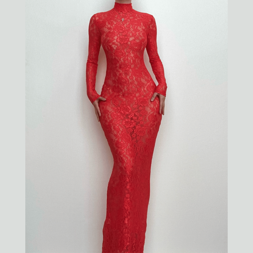 Long sleeve high neck see through lace maxi dress