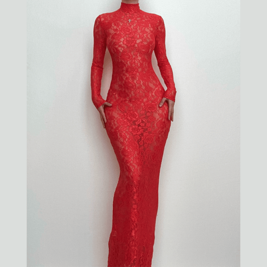 Long sleeve high neck see through lace maxi dress