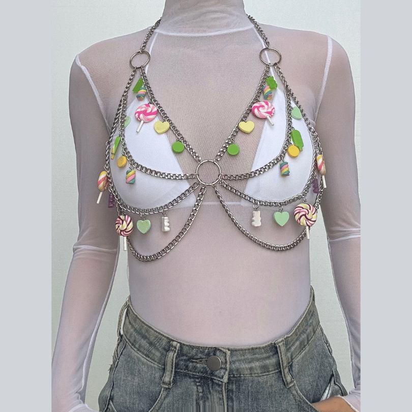 Halter hollow out o ring metal chain crop cut out top