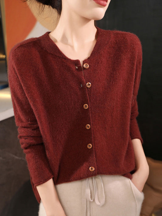 Natalie Classic Crew Neck Solid Color Knitted Cardigan-Red