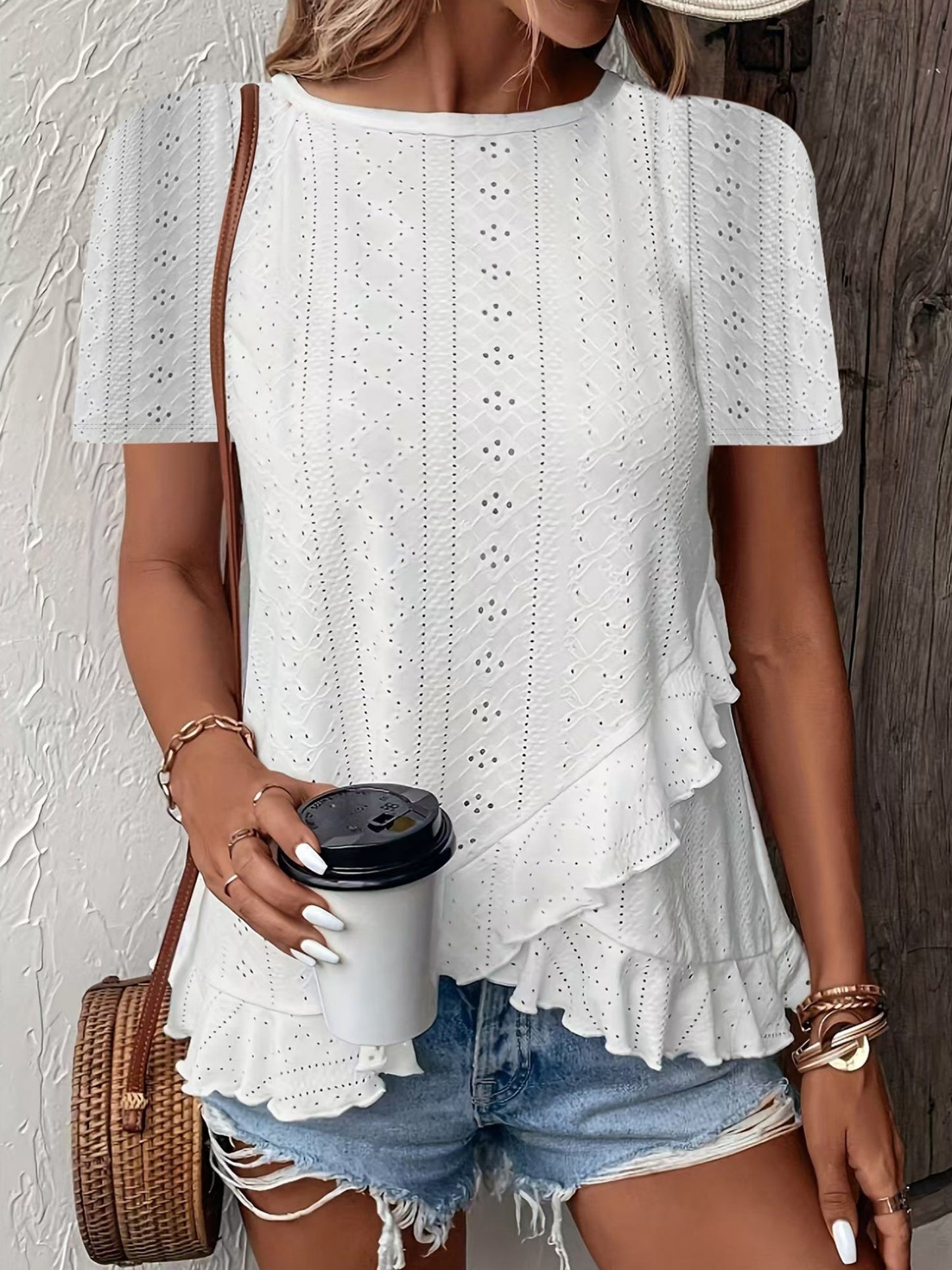 Jacquard Hollow Out Ruffle Crew Neck Short Sleeve T-shirts