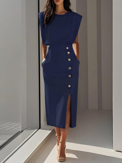 Crew Neck Sleeveless Buttons Slit Midi Dresses
