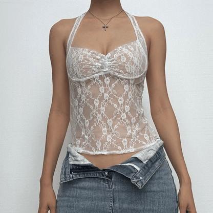 Halter lace see through ruched top