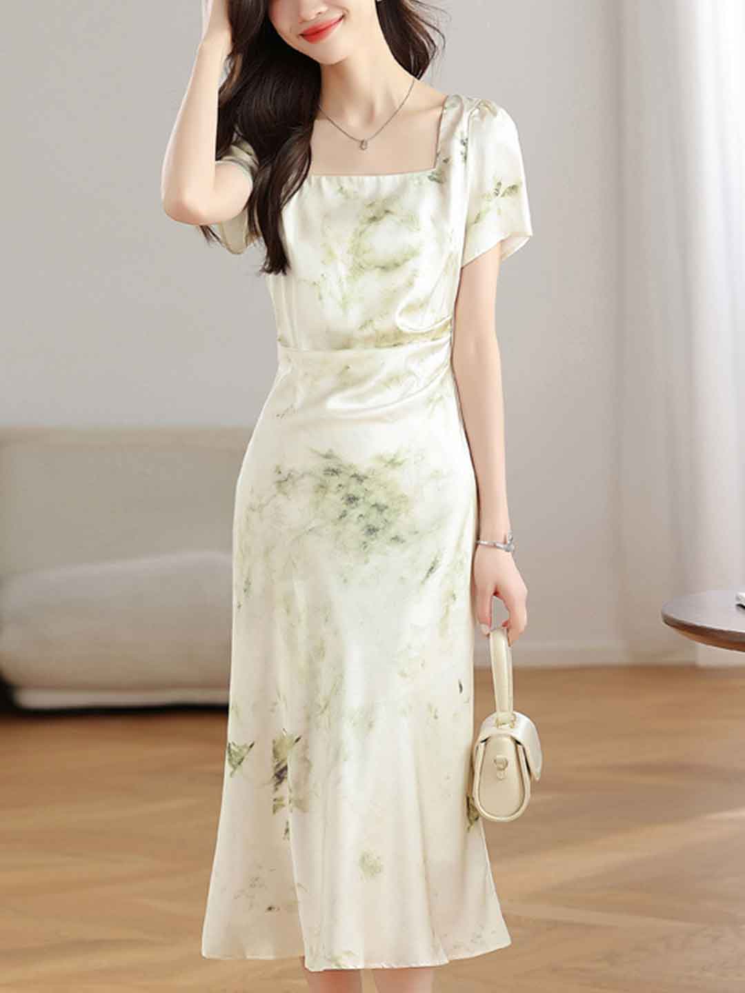 Ariana Elegant Square Neck Satin Printed Dress
