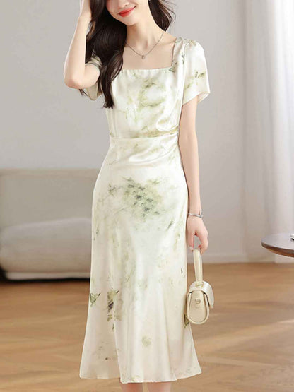 Ariana Elegant Square Neck Satin Printed Dress