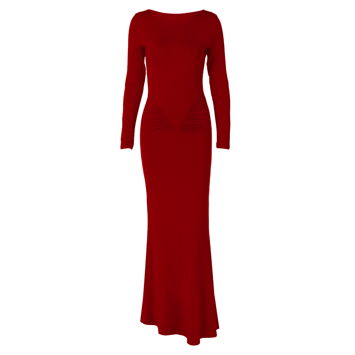 Long sleeve crewneck ruched solid maxi dress