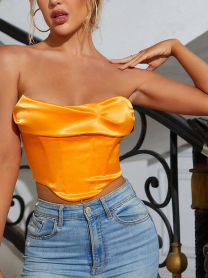 Pile Collar Cropped Boning Corset Tube Top