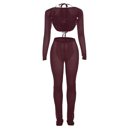 Halter shrug textured see through pant set
