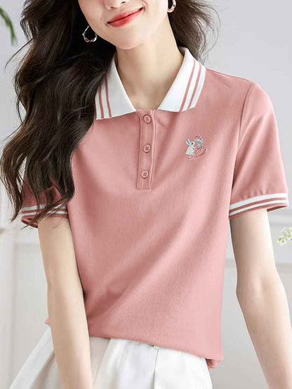 Claire Casual Polo Collar Solid Color Embroidered Top