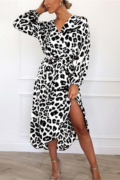 Print Wrap V-Neck Long Sleeve Tie Waist High Low Slit Midi Dress