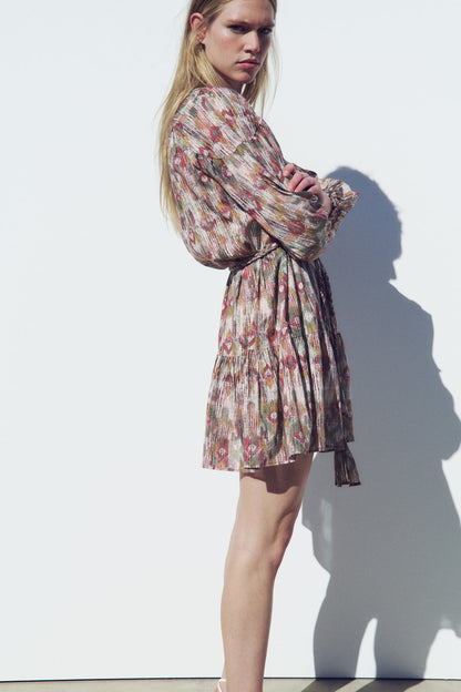 Floral Puff Long Sleeve Ruffle Hem Mini Dress