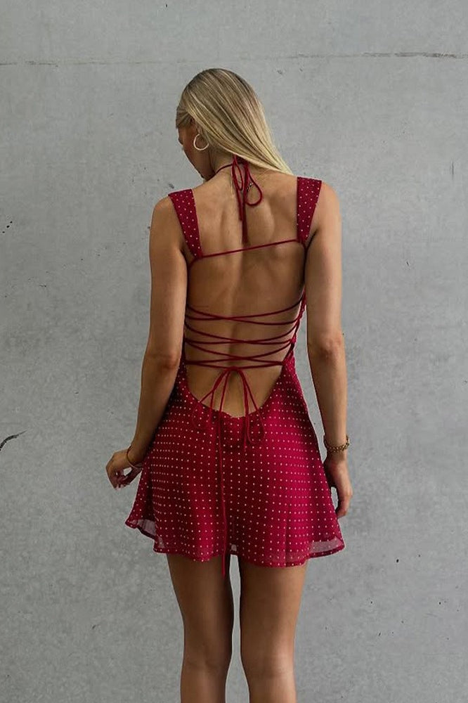 Polka Dot Sweetheart Ruched Bust Spaghetti Strap A-Line Mini Dress