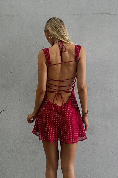 Polka Dot Sweetheart Ruched Bust Spaghetti Strap A-Line Mini Dress