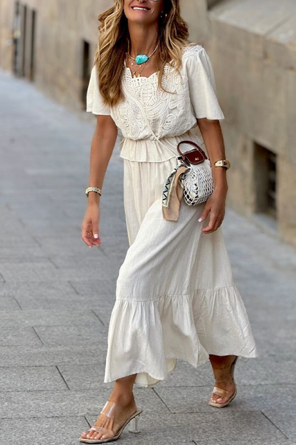 White Waisted Mid-length Sleeve Top and Loose Long Skirt Two-piece Set