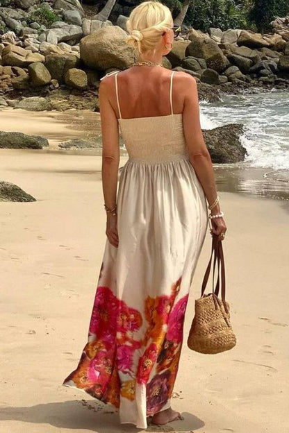 Hidden Garden Satin Floral Print Smocked Tie-up Shoulder Maxi Dress