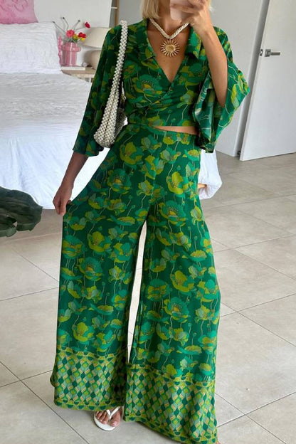 Casual V-Neck Lace-Up Top & Pants Two-Piece Set