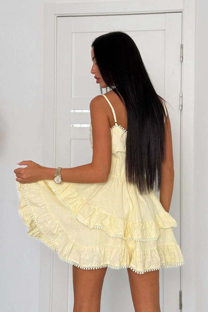 V Neck Button Front Pom Trim Tiered Ruffle Mini Dress