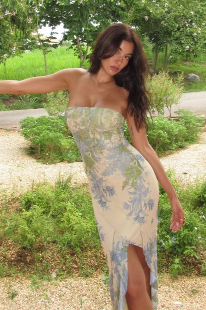 Oil Painting Print Strapless Bodycon Waist-Cinched Split Maxi Dress