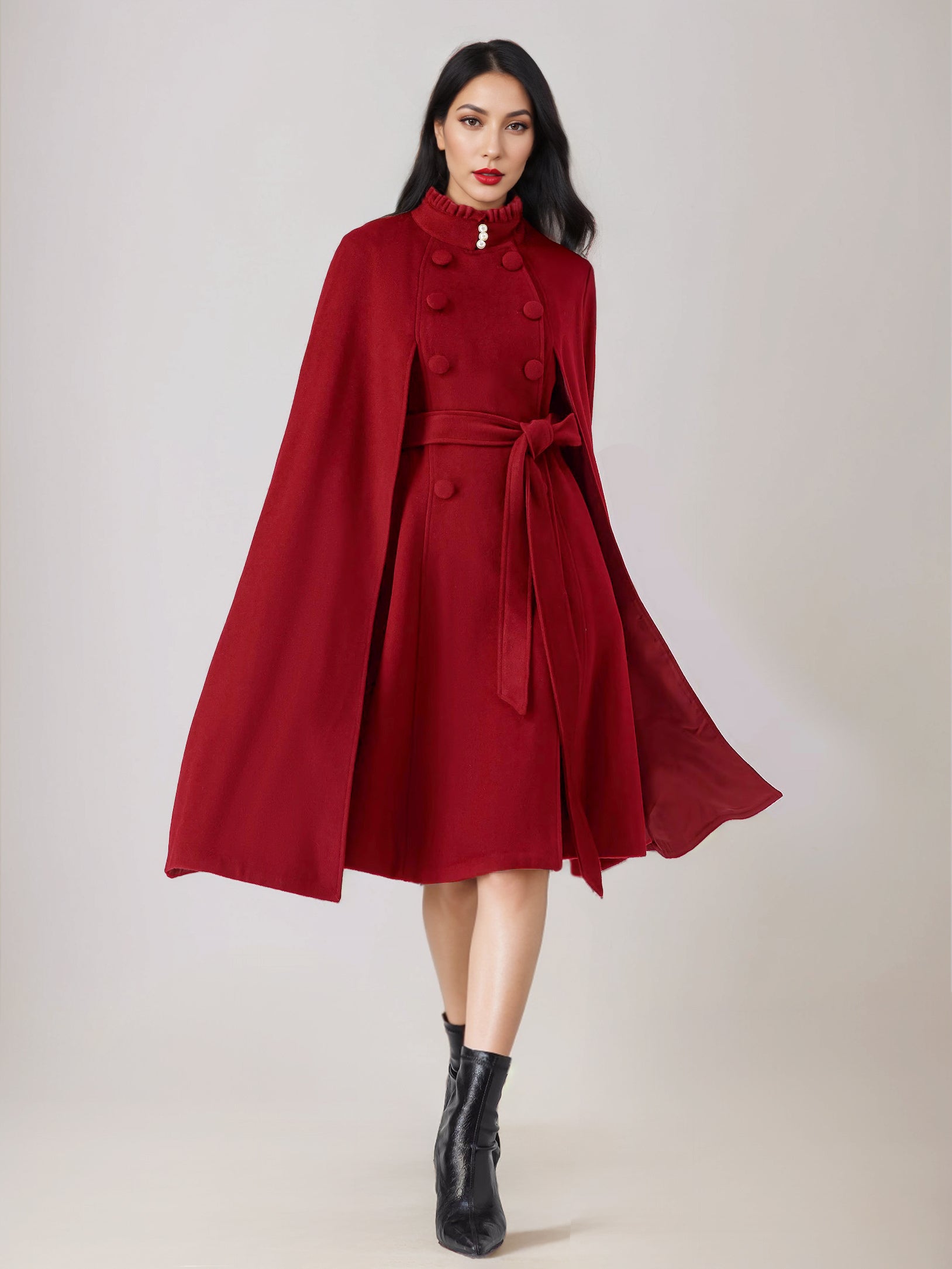 Wool Blend Cape Coat For Women Stand Collar Dark Navy Belted Oversized Poncho Outerwear 2026