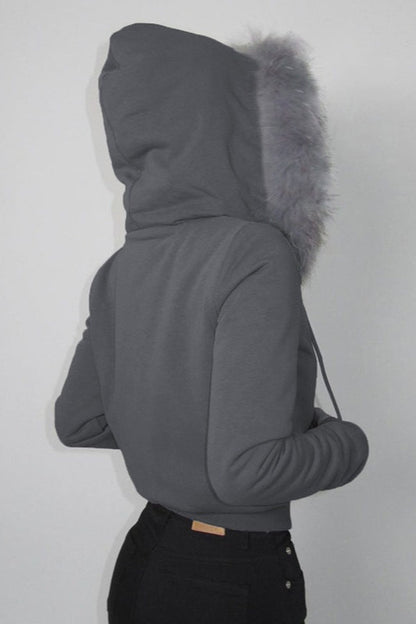 Fur Trim Hooded Zip Waist Jacket