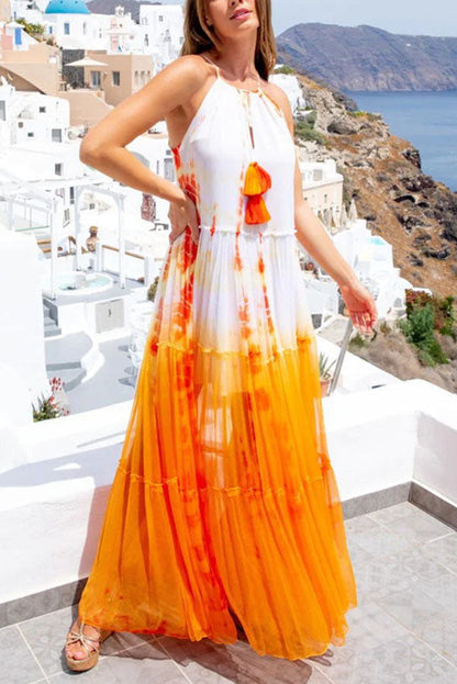 Island Evenings Gradient Print Tassel Halter Maxi Dress