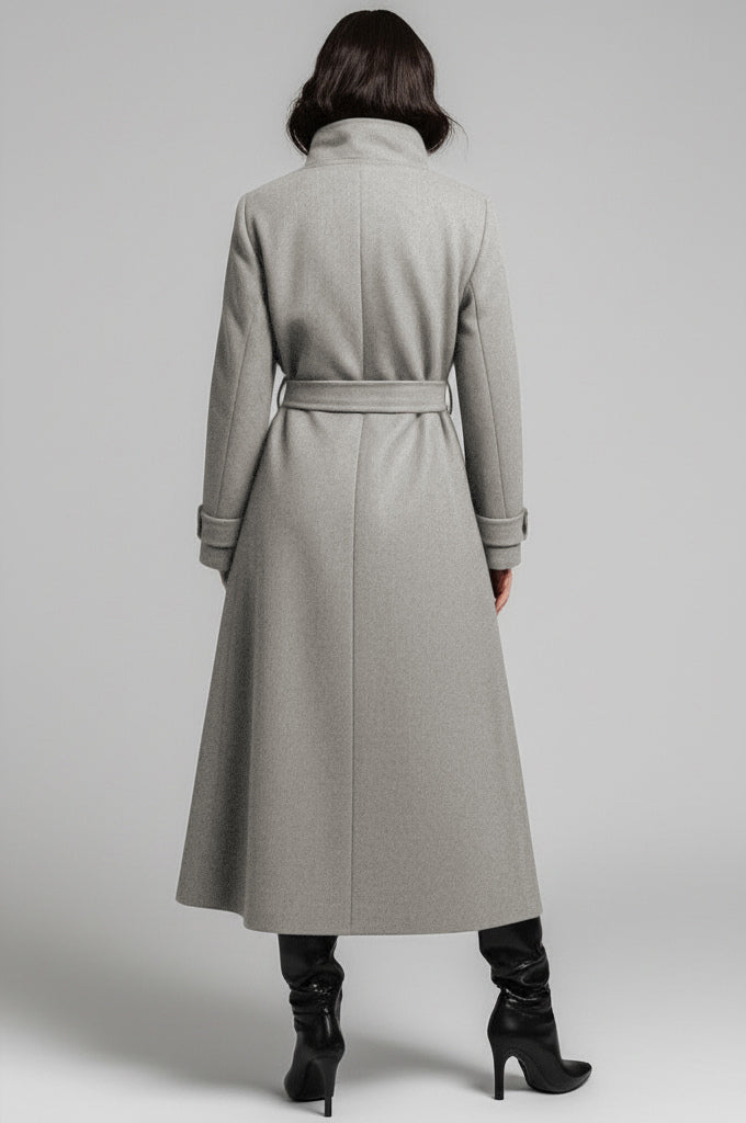 Belted Woolen Stand-Collar Long Winter Coat With Functional Pockets For Women 2026