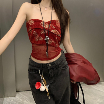 Mesh patchwork velvet tube mini skirt set