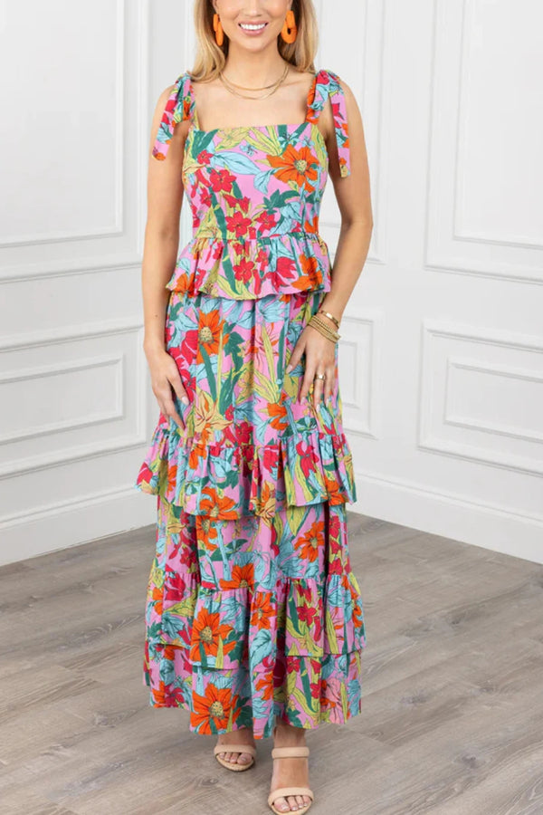 Multicolour Boho Floral Print Knot Strap Ruffle Layered Maxi Dress