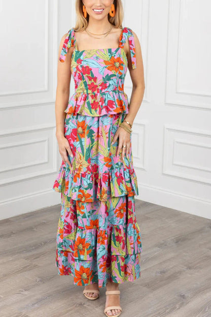 Multicolour Boho Floral Print Knot Strap Ruffle Layered Maxi Dress