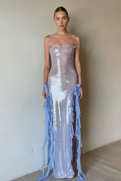 Sexy Sheer Long Ruffled Sequin Flower Sequin Dress