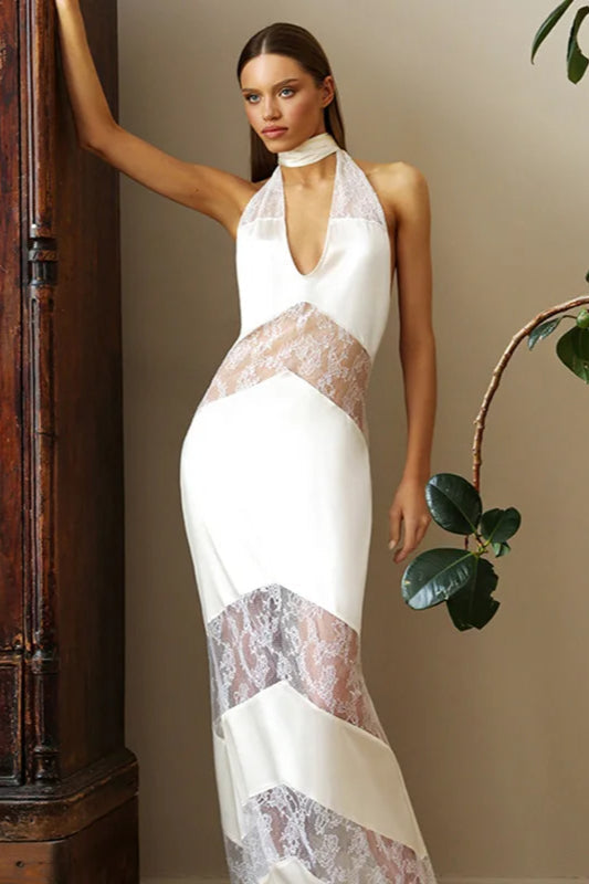 Halter Choker Deep V-Neck Chevron Lace Panel Satin Maxi Dress
