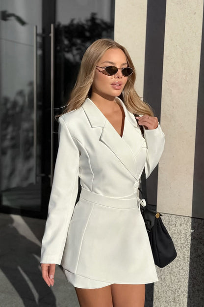 Notched Lapel Deep V-Neck Double Breasted Wrap Tie Waist Blazer Mini Dress