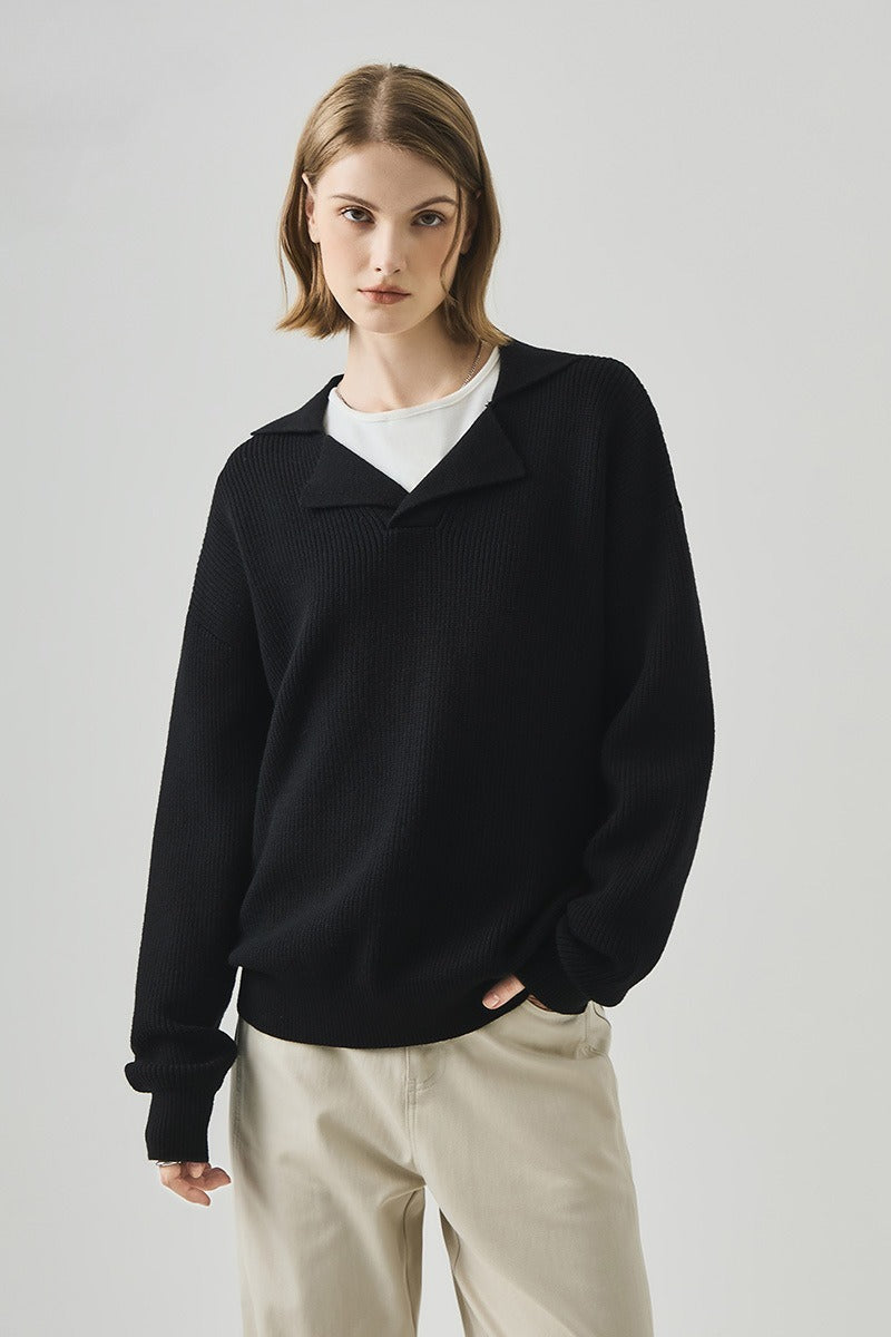 Oversized Lazy V-Neck Long-Sleeve Knit Top