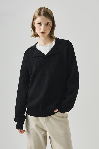 Oversized Lazy V-Neck Long-Sleeve Knit Top