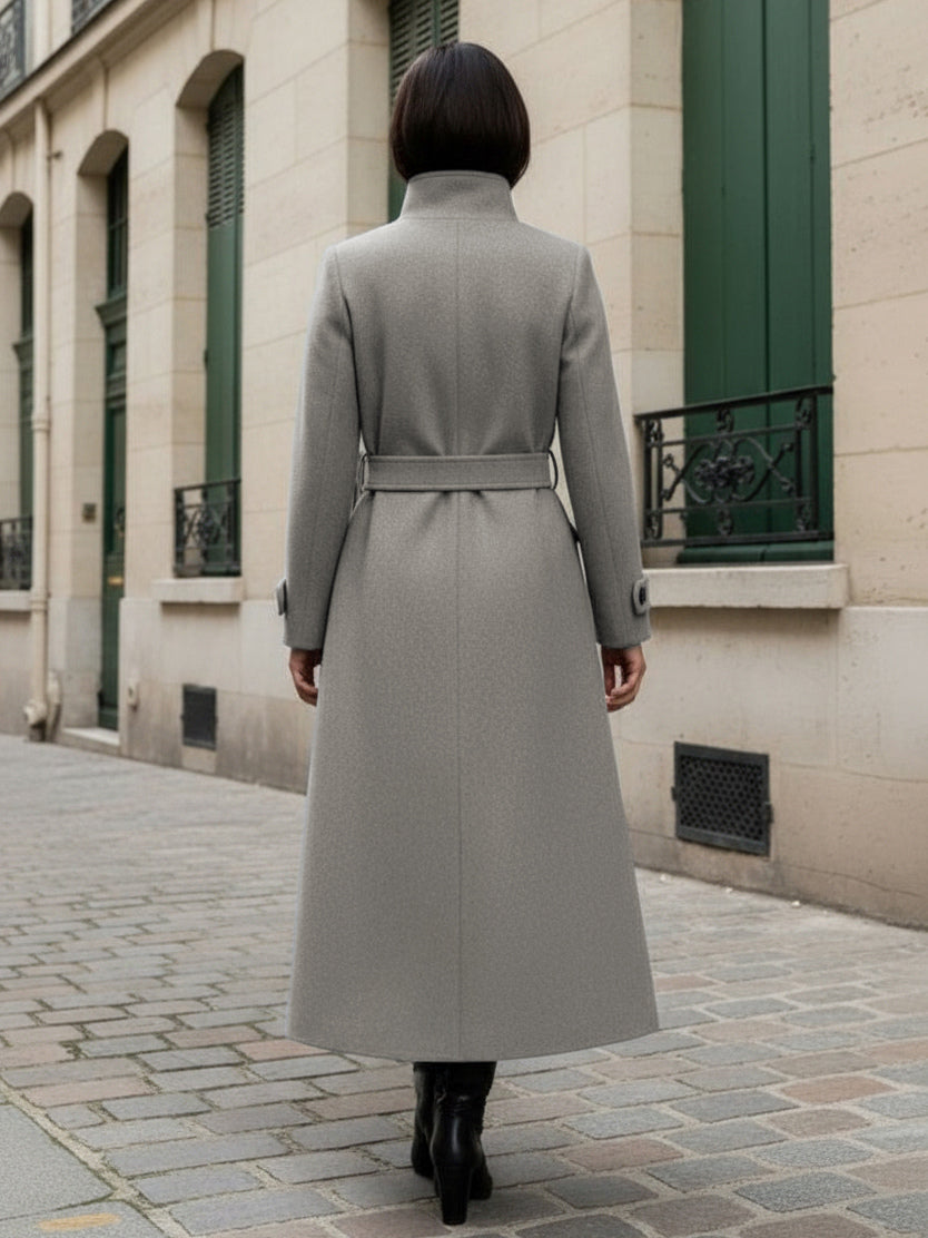 Belted Woolen Stand-Collar Long Winter Coat With Functional Pockets For Women 2026