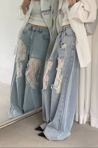 Lace Patchwork Ripped Loose Jeans