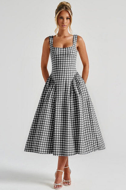 Plaid Printed Ruched Backless Spaghetti Strap Prom Dress