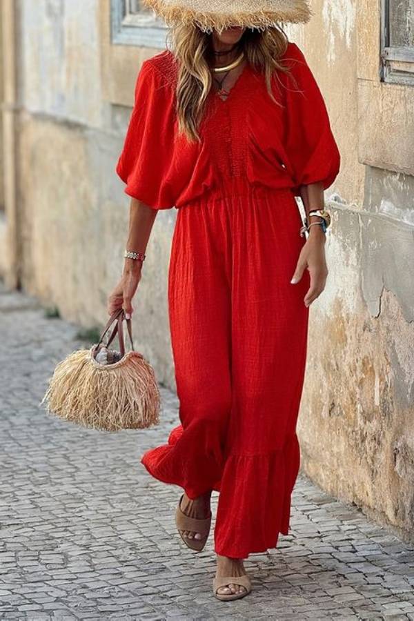 V-neck Ruffled Loose Maxi Dress