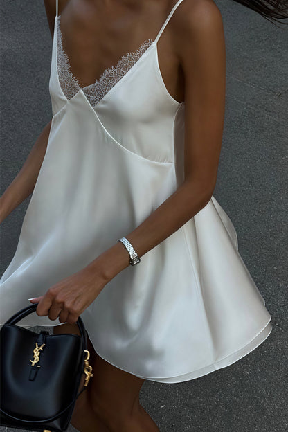 Satin Lace Trim Deep V Neck Spaghetti Strap Layered Hem Mini Slip Dress